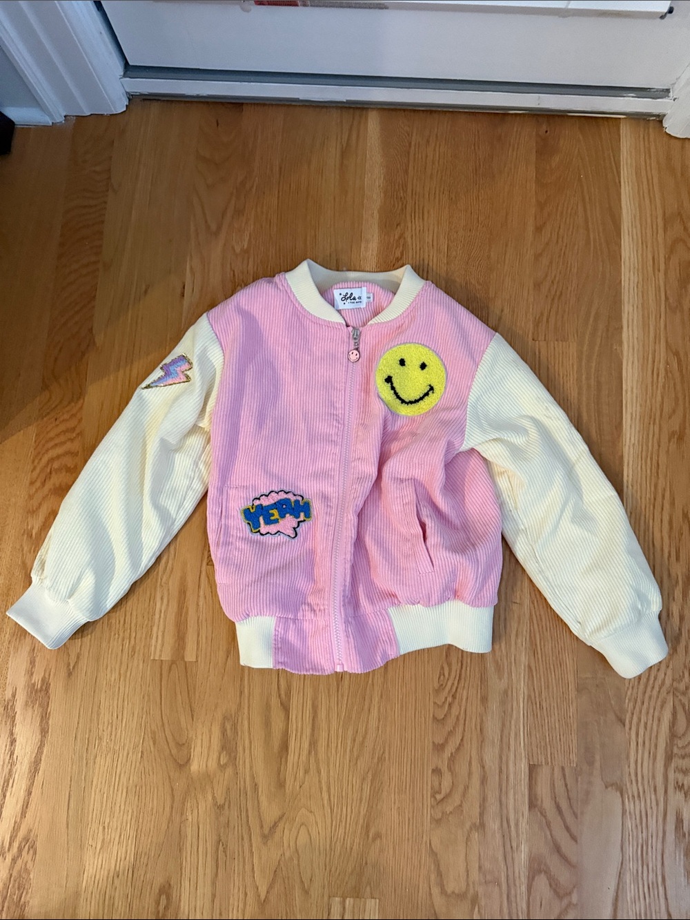 Lola + The Boys Pink and Cream Corduroy Patch Bomber